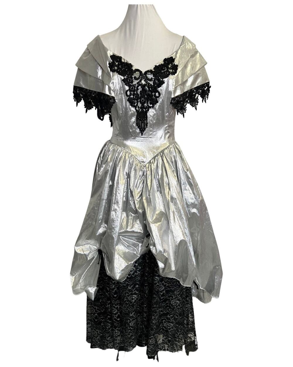 Vintage 1980s Silver Metallic Lamé and Black Lace Gown Small